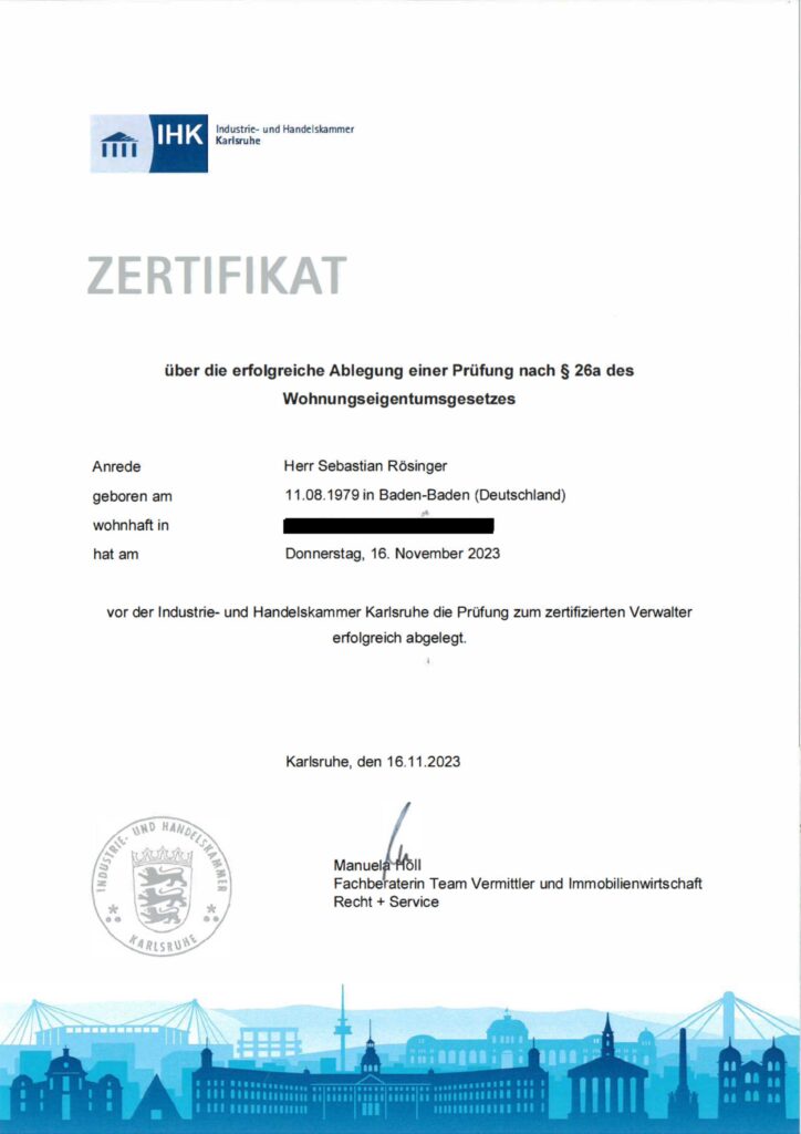 Zertifikat der IHK – Verwalter